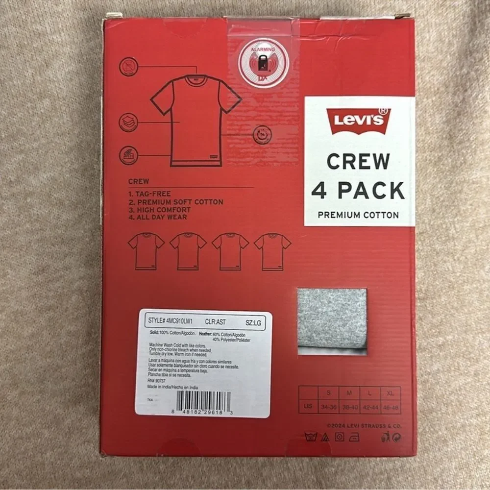 LEVI’S L Men’s Variety 4 Pack Premium Soft Cotton Short Sleeve All Day Crew Tees